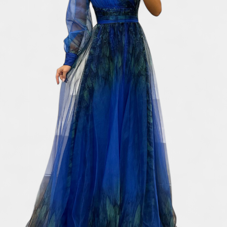 Vestido Maxi Natalija de Chiffón con Hombro Descubierto y Rosa Voluminosa