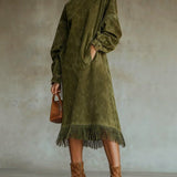 Aurelia Fringe™ | Vestido Midi de Ante Vintage con Cuello Alto