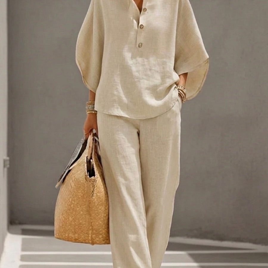Mariel | Conjunto de dos piezas efecto lino con mangas murciélago y pantalón fluido