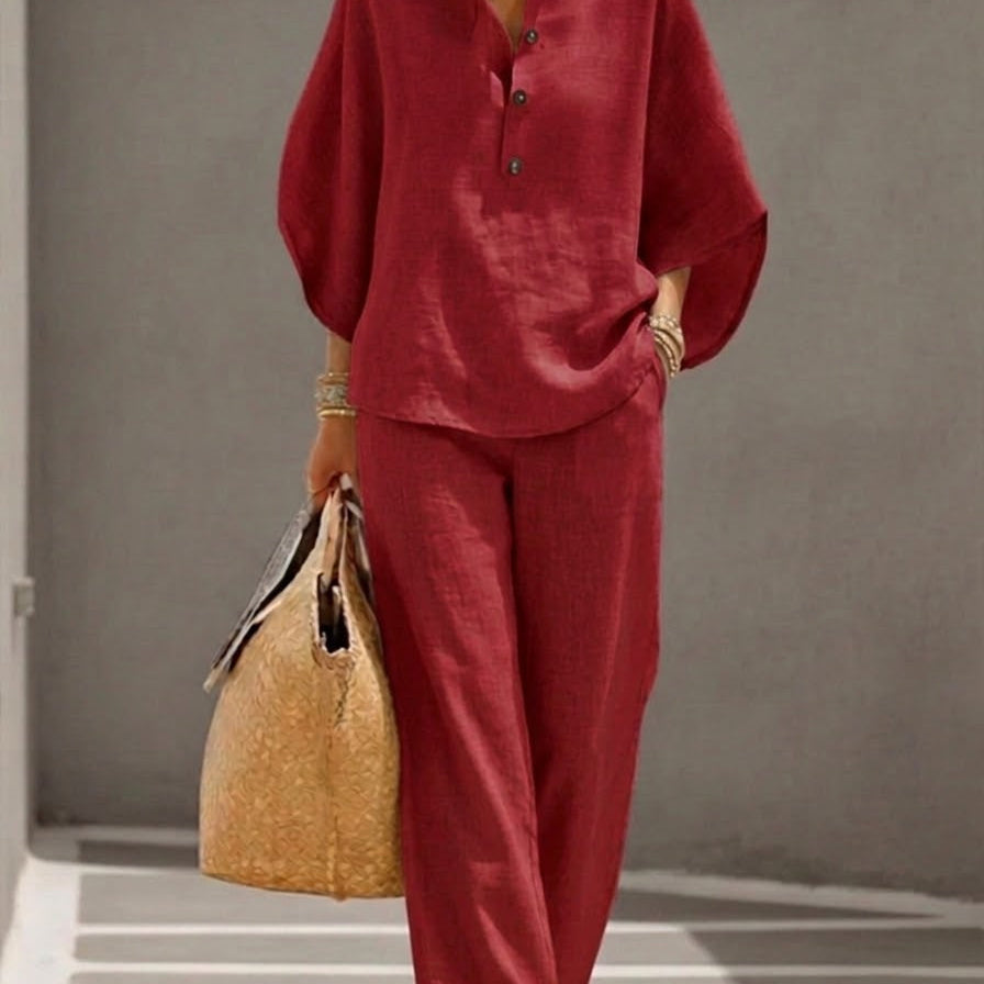 Mariel | Conjunto de dos piezas efecto lino con mangas murciélago y pantalón fluido